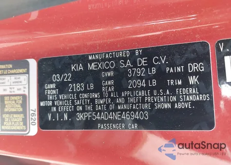 2022 Kia Forte Gt-Line z USA, uszkodzony, nr VIN 3KPF54AD4NE469403